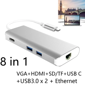 

USB3.1 Type C HUB Multiport Type C PD Charging RJ45 Gigabit Ethernet USB 3.0 HDMI 4K SD TF Card Reader VGA Adapter for MacBook