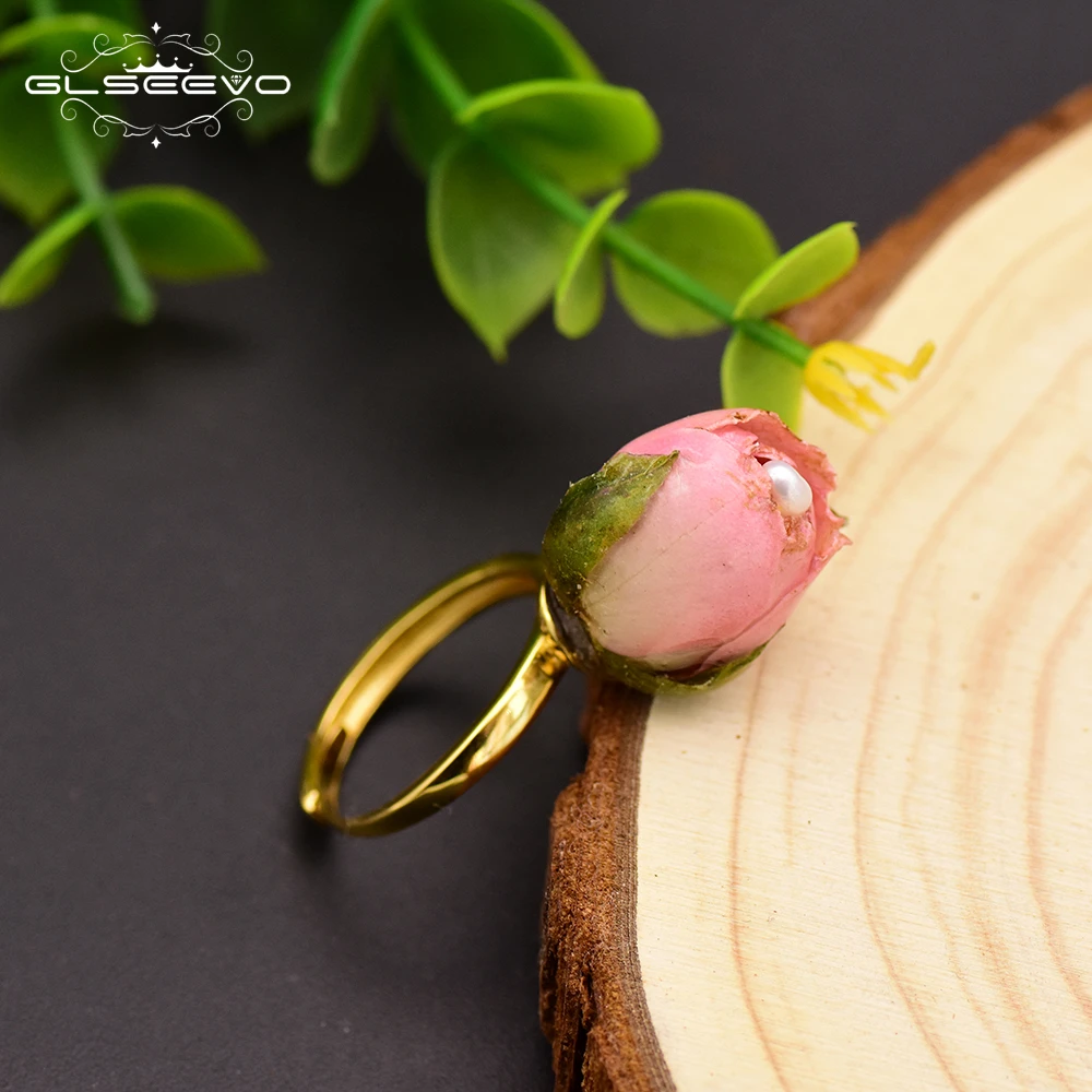 

GLSEEVO 925 Sterling Silver Natural Pearl Adjustable Really Flower Ring For Women Daughter Party Jewelry Customizable GR0225