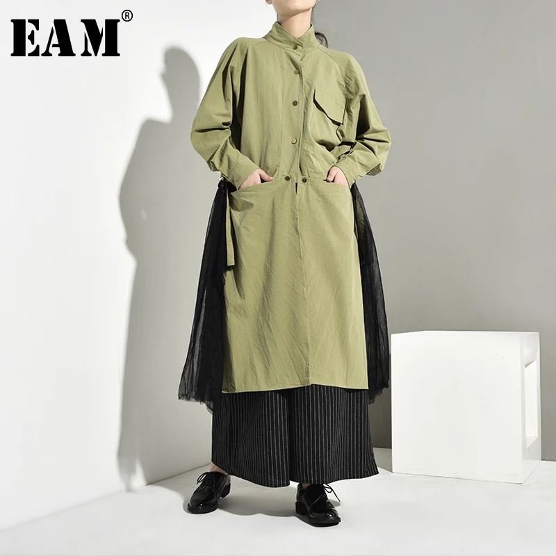 

[EAM] 2019 New Spring Tide Army Green Removable Loose Coat Gauze Split Joint Skirt Three Piece Suit Women Fashion JF36