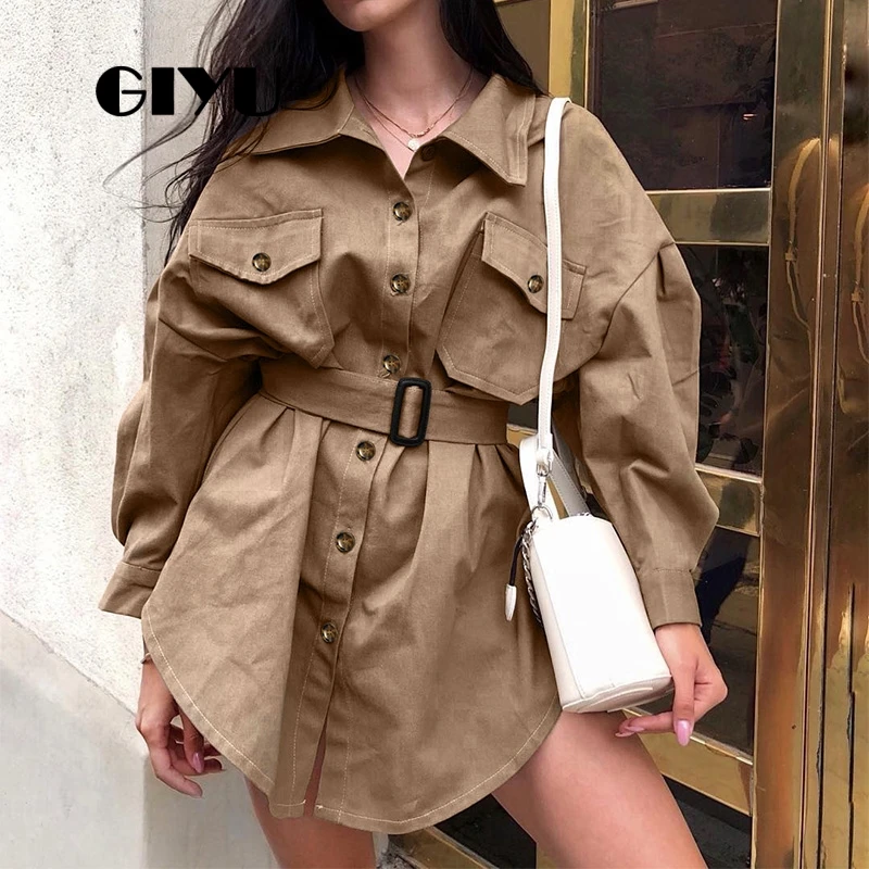 

GIYU Khaki Autumn Long Coat Long Sleeve Jackets Single Breasted Women Windbreaker Casual Sashes Trench abrigos mujer invierno