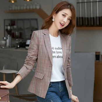 

2019 Korean Temperament Women Plaid Blazers And Jackets Long Sleeve Casual Slim Office Lady Work Wear Ages 35-45 Years Old