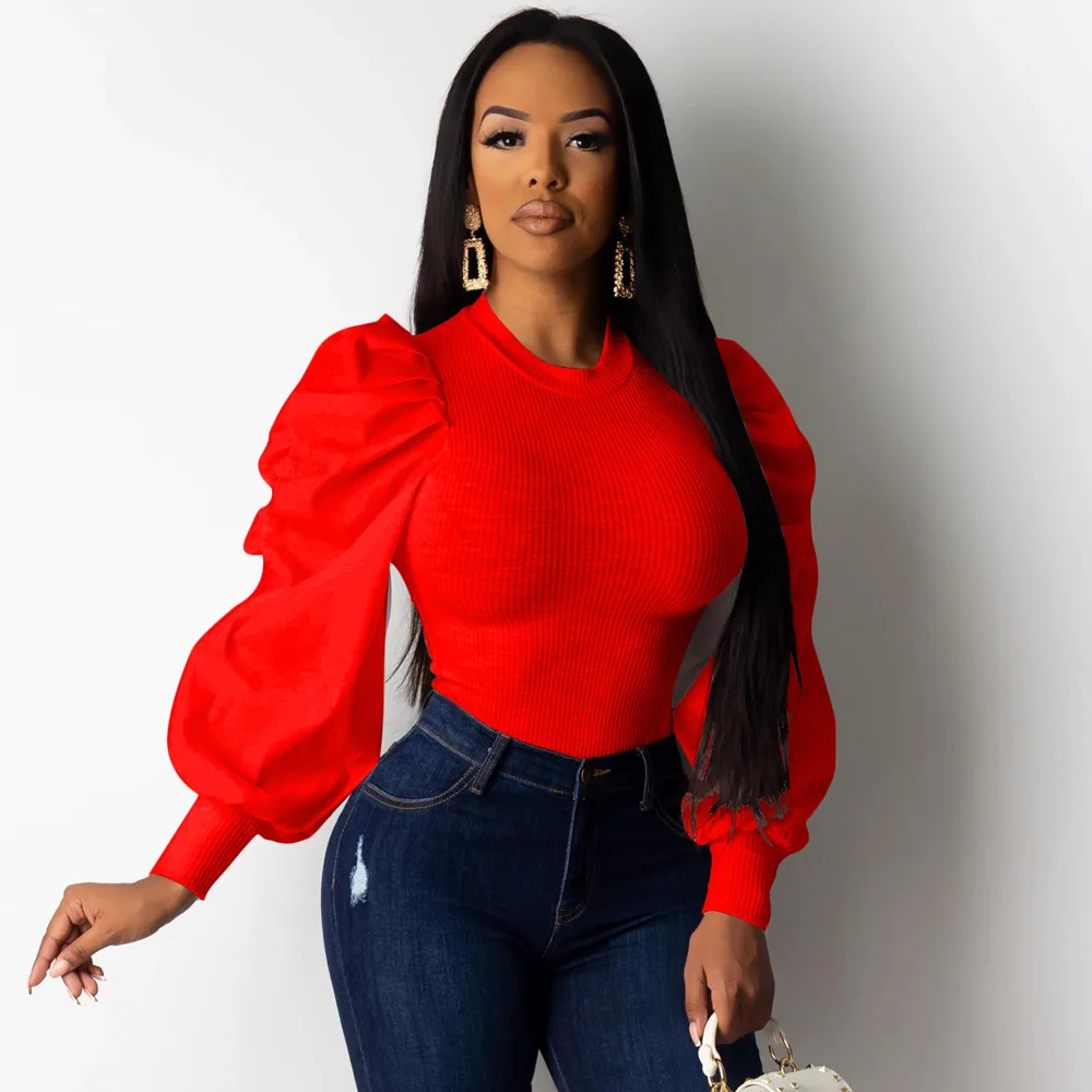 Causal Puff Sleeve T Shirts for Women Round Neck Long Sleeve Patchwork Plus Size Shirt Streetwear Mujer Slim Bandage Ladies Tops