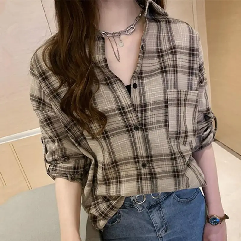

women's blouses 2020 summer korean style oversized lattice shirt long sleeve loose large sizes shirts for women top clothing