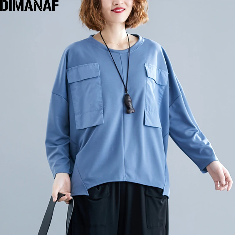 

DIMANAF Plus Size Women T-Shirt 2019 Autumn Tops Shirts Long Sleeve Pockets Solid Basic Tunic Shirts Loose Casual Female Clothes