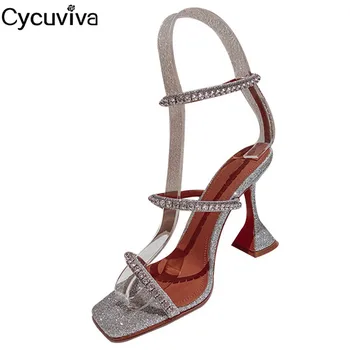 

Sexy Crystal Strange High Heel Sandals Women One-Strap Sliver Stilettos Mules 2020 Runway Summer Dress Party Shoes Woman