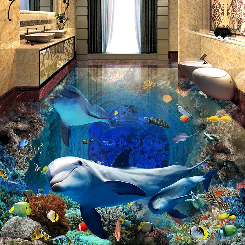 Underwater World Dolphin 3D Floor Painting Mural Wallpaper Waterproof Self-adhesive Bedroom Bathroom Floor Tiles Stickers Wall custom wallpaper simple three dimensional geometric underwater world 3d background wall waterproof material