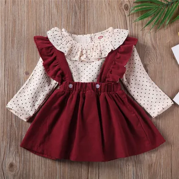 

Girl Clothing Set Baby Girl Ruffles Polka Dot Print Romper Long Sleeve Tops Strap Dress Cottom Skirt Toddler Clothes