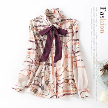 

New Lapel neckline with ribbon waist chain printing long sleeve and loose silk shirt top for women