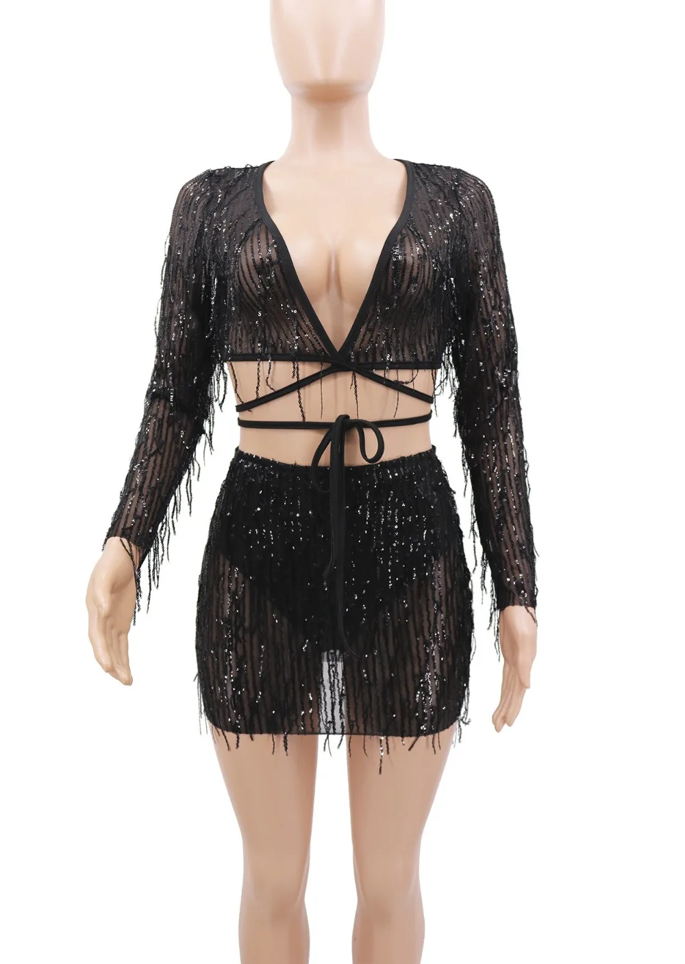 Fall Deep V Neck Lace Up Sexy 2 Piece Sets Women Club Party Outfits Sheer Mesh Tassel Beaded Two Piece Skirt Set (8)