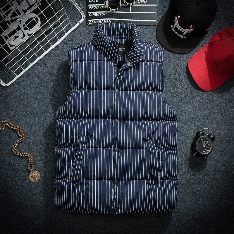 Repmunk зимний стоячий воротник полосатый жилет мужской Молодежный модный красивый мужской теплый хлопковый жилет без рукавов Одежда