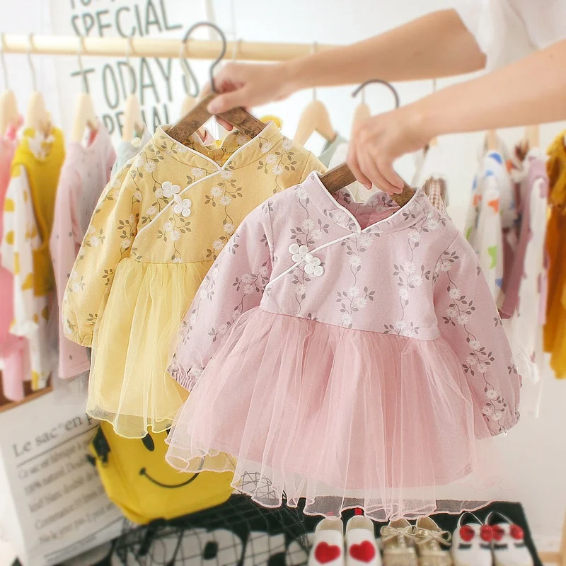 

0-3Y Spring Girls Round Neck Mesh Stitching Gauze Princess Flower Cute Sweet Long Sleeve Dress