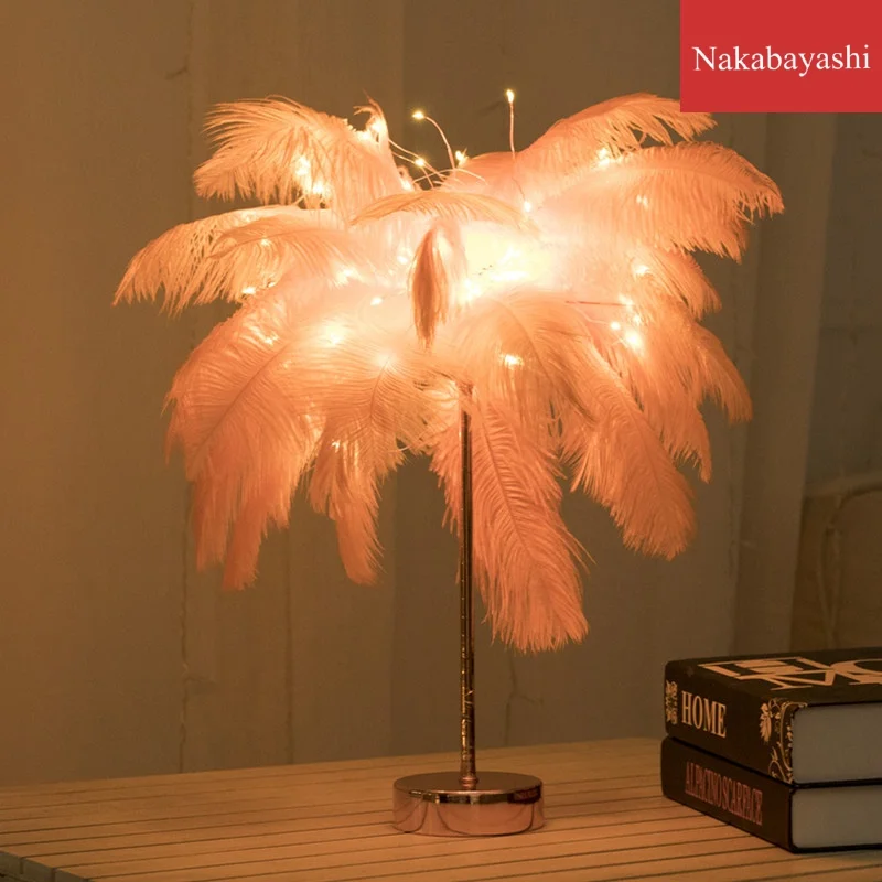

2021 New Nordic Feather Decorative Table Lamp Iron Electroplating Night Lamp Remote Control Led Copper Decorative Lamp