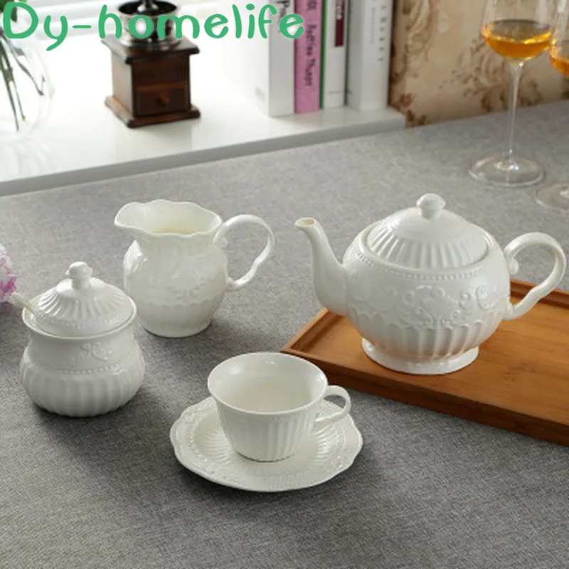 

European Palace Embossed Leaf Pattern White Ceramic Coffee Tea Set Restaurant Household Bone China Coffee Pot Cup Toffee Jar