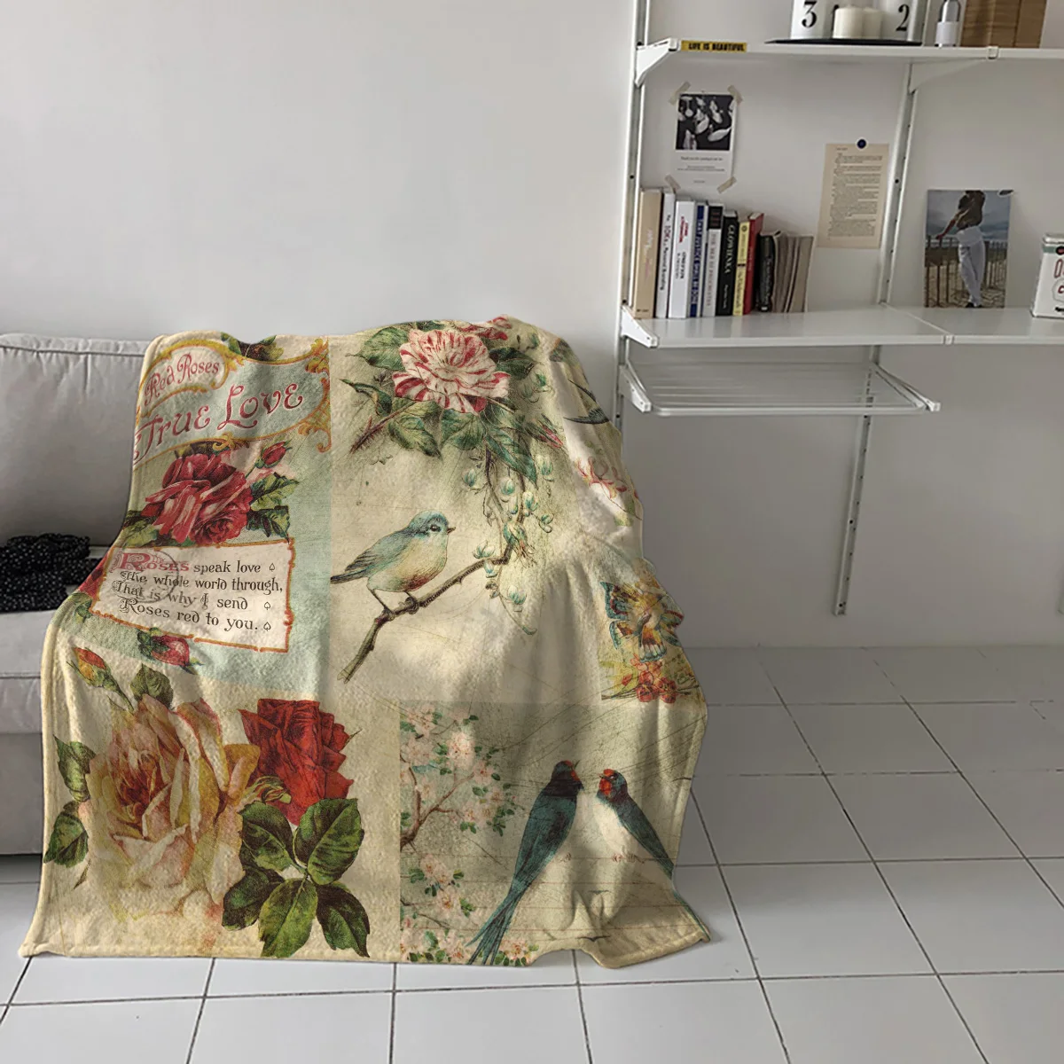 

Brown Bird Red Rose Flower Retro Printed Flannel Blanket Soft Throw Blanket Machine Washable Blankets for Beds