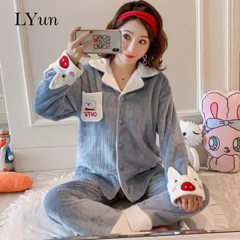 

LYun Pajamas women autumn and winter thick flannel new cute sweet Korean Japanese warm coral fleece suit home service