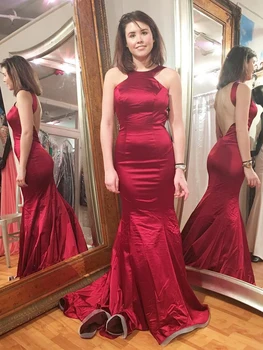 

Deep Red Stretch Satin Evening Dress Sexy Meamaid Women Long Prom Gown robe de soiree