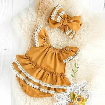 

Infant Baby Girl Kid Lace Romper Jumpsuit Lace Ruffle Top + Headband Clothes Set Sweet Girls Suit