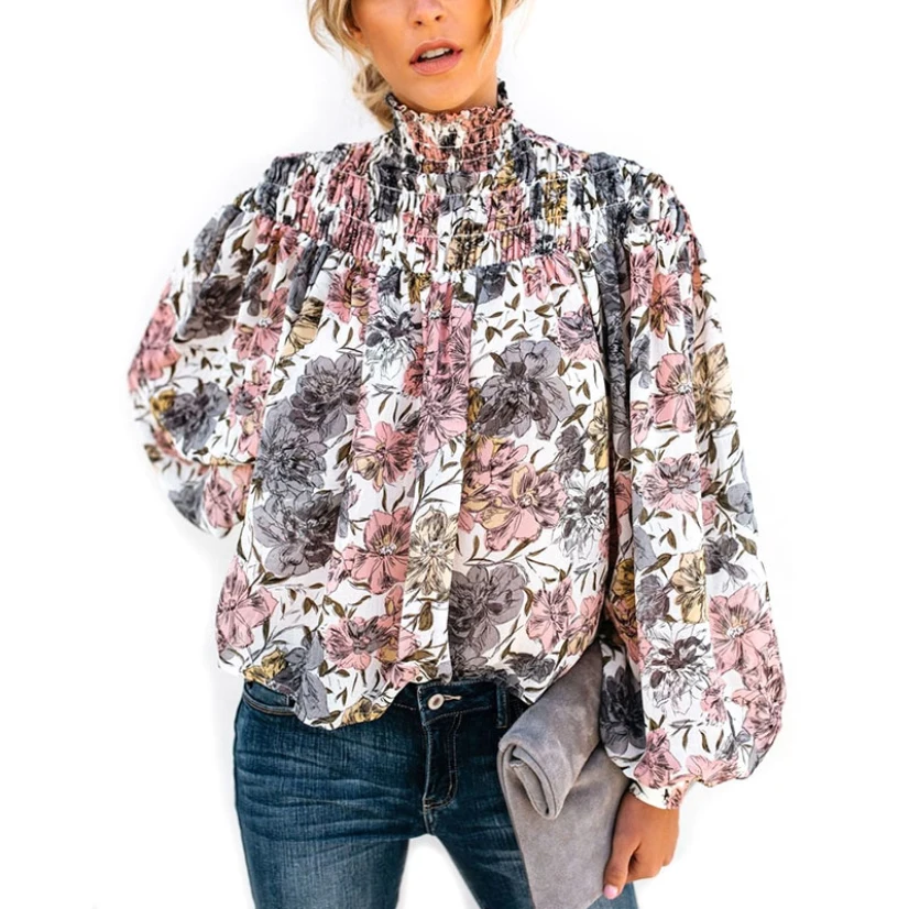 

Floral Print Multicolor Women's Turtleneck Blouse Hedging Women Button Long Sleeve Streetwear Elegant Blouses Spring Autumn 2020