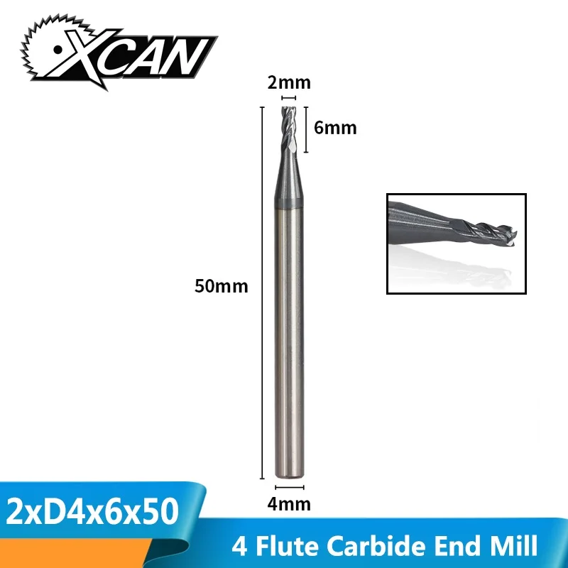 XCAN 1 шт. 2 мм Карбид вольфрама фреза 4 флейты с прямым хвостовиком Концевые Фрезы HRC50 Фрезы с ЧПУ