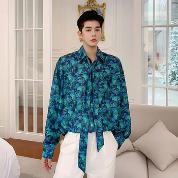

Men Bow Tie Long Sleeve Casual Loose Shirts Japan Korea Style Male Fashion Show Vintage Flower Print Dress Shirts Stage Clothes