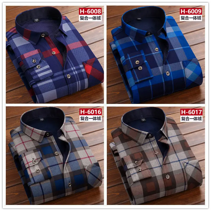 New Autumn Winter Men Fleece Shirt Fashion Plaid Thick Keep Warm Shirt Male Print Long Sleeve Business Big size L-6XL