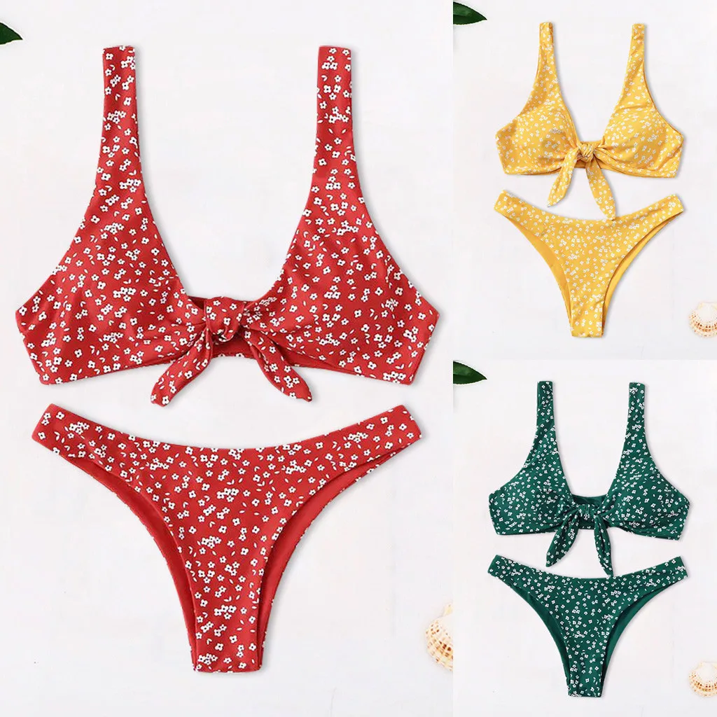 JAYCOSIN strap bow women swimwear small floral print fresh solid sweet sexy bathing bikini beachwear low waist gathered swimsuit
