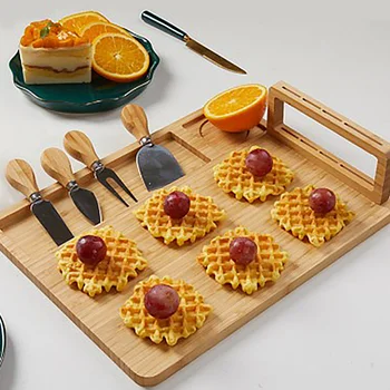 

1 Set Bamboo Cheese Board Cutting Board with 4 Stainless Steel Knives and Bowl Durable Chopping Blocks Reusable Kitchen Tools