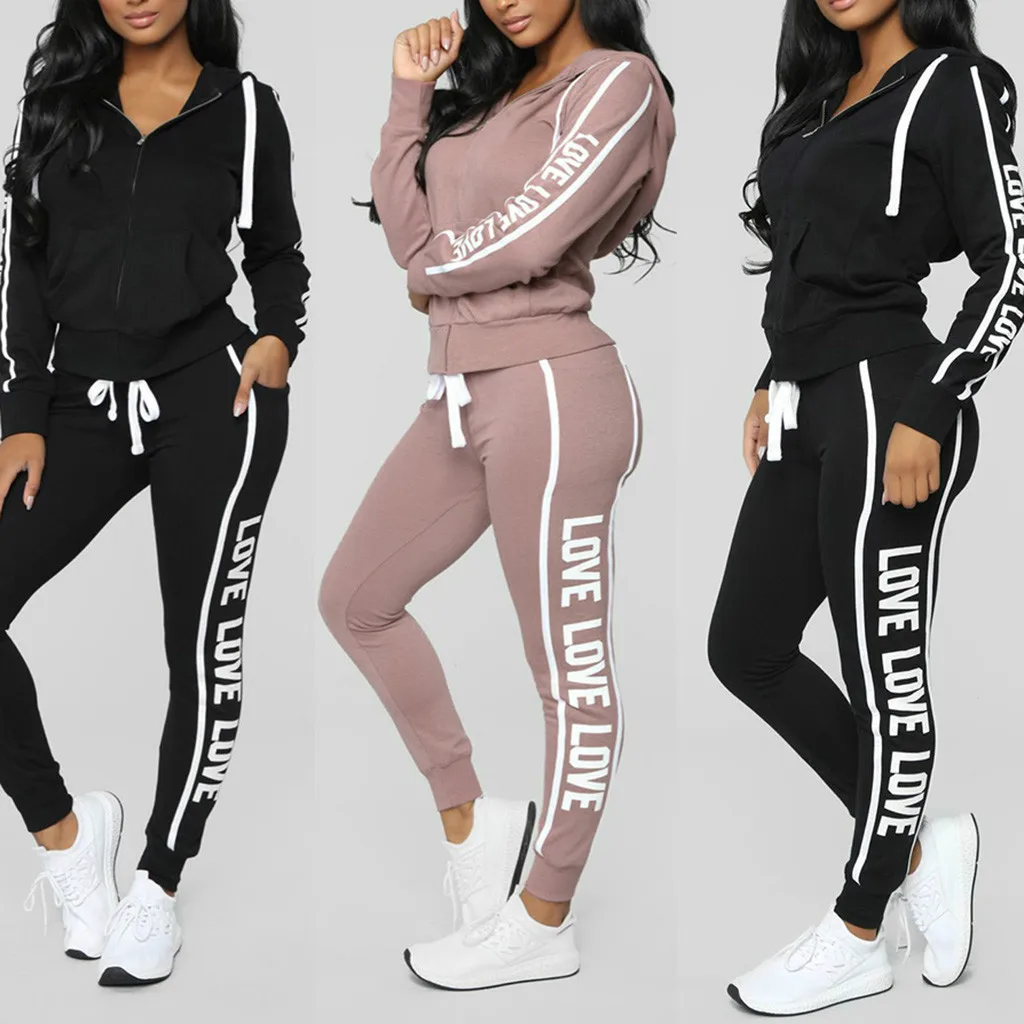 Slim Leisure Love Letter stripe Running Yoga Set Hooded Women Suit Gym Sports Legging Set Fitness Sportswear A7