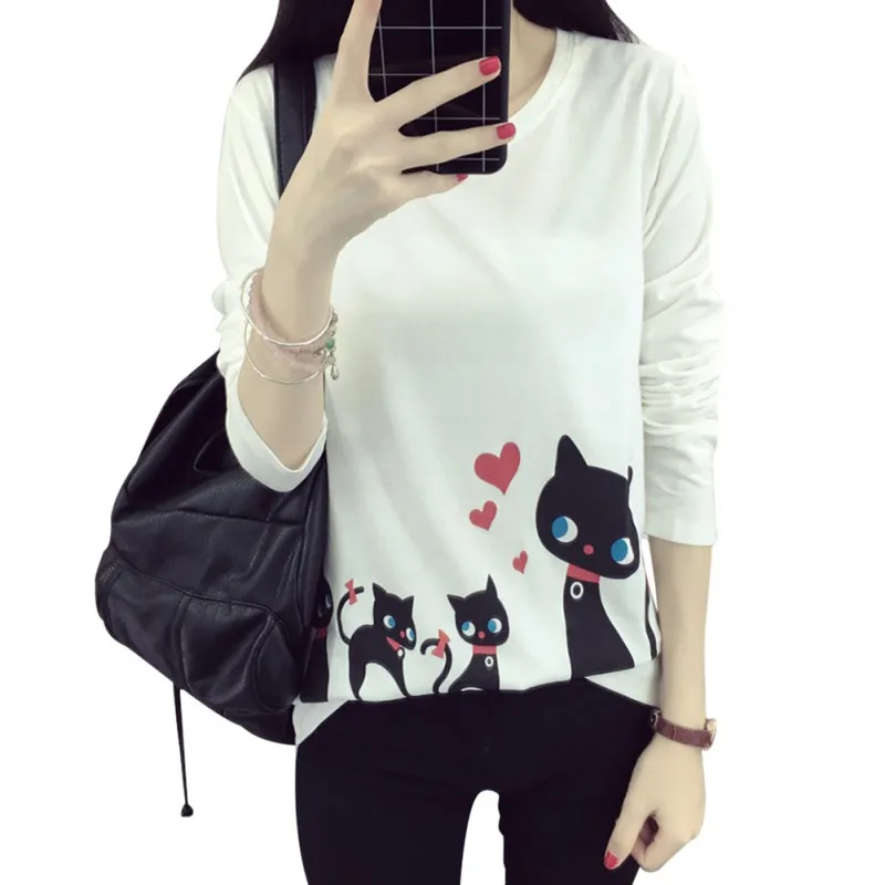 Осенняя повседневная женская футболка с круглым вырезом и принтом кота, пуловер с длинным рукавом, базовая нижняя рубашка, топы - Цвет: W
