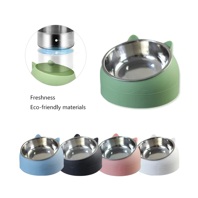 Cat Dog Bowl Stainless Steel Protect The Cervical Spine 15 Degree Oblique Mouth Feeding Dishes Non-Slip Cat Food Water Bowl