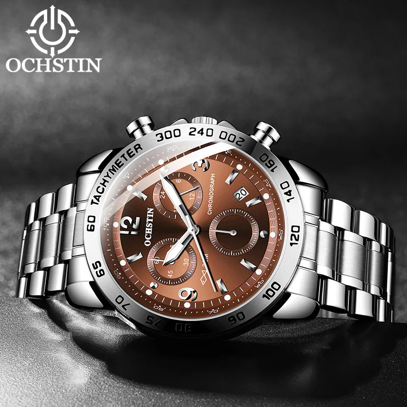 

Quartz Watches Men Silver brown Luminous Calendar Stainless Steel 30m Waterproof Fashion Luxury Rattrapante Silver Male Watches