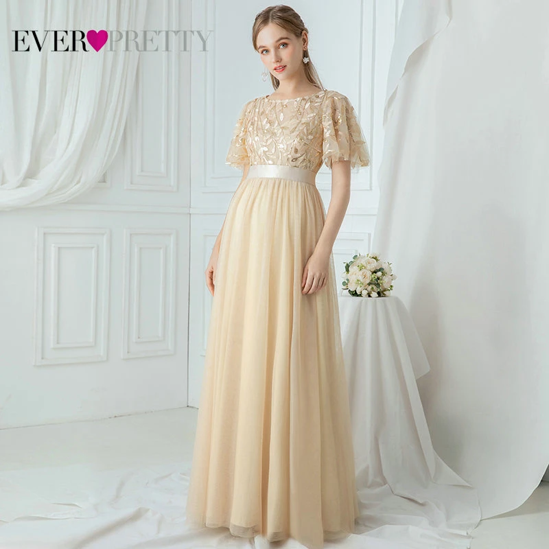 Robe De Soiree блестящие вечерние платья Длинные Ever Pretty EP00904GY A-Line o-образным вырезом с коротким рукавом Вечерние платья женские элегантные платья - Цвет: Gold