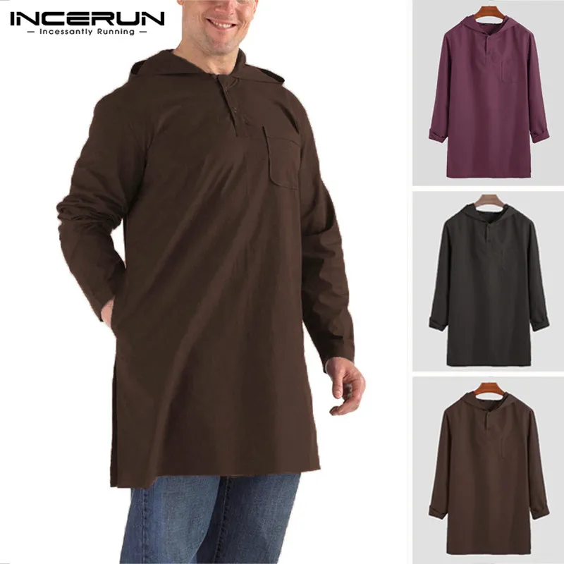 

INCERUN Men's Moslem T-Shirts Long Sleeve Button Retro Hooded Solid Color Tops Saudi Arabia Dubai Islamic Longline T Shirts Men