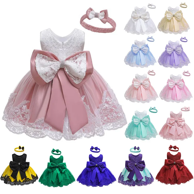 Baby Girls Princess Dress And Hairband 2Pcs Elegant Bow Toddler Girl 1 Years Birthday Party Lace Ball Gown Vestidos Kids Dresses (1)