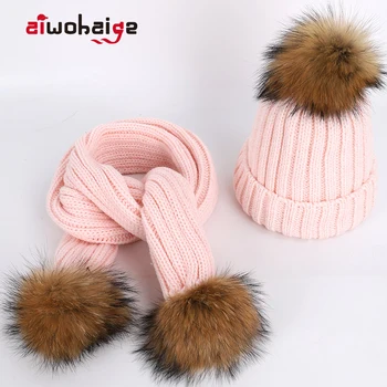 

2019 Fashion Ladies Raccoon Fur Pompom Knit Beanies Hat Scarf Sets High Quality Women Soft Cap Scarves Winter Warm Cotton bonnet