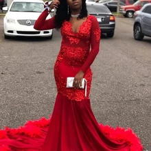 Красное русалка длинное платье выпускного вечера es африканская темнокожая девушка v-образным вырезом Аппликации перья с длинным рукавом платье выпускного вечера
