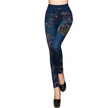 Модные тонкие женские леггинсы из искусственной лосины из джинсовой ткани, Сексуальные Длинные повседневные леггинсы с цветочным принтом из искусственного денима, брюки-карандаш из флиса