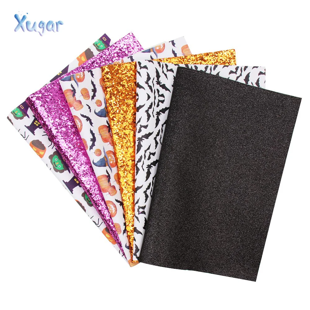 

Xugar 6pcs/set 22*30cm Halloween Synthetic Leather Sheets Printed Faux Leather for DIY Hair Bows Accessorie Bags Handmade Crafts