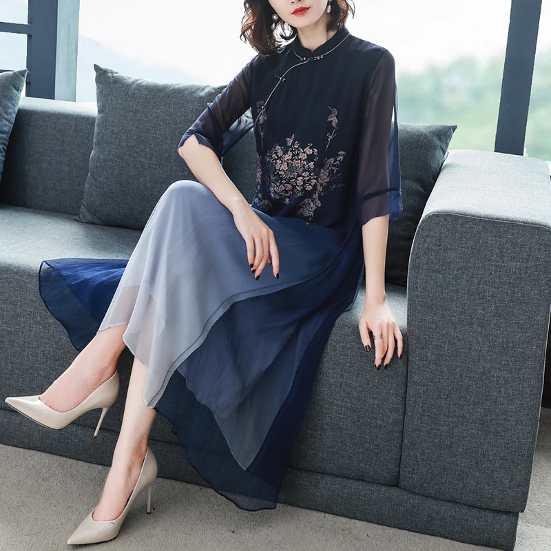Новое поступление, Vestidos, шелковое платье с цветочной вышивкой, женские платья для танцев размера плюс, офисные женские облегающие вечерние платья со стоячим воротником - Цвет: as pic