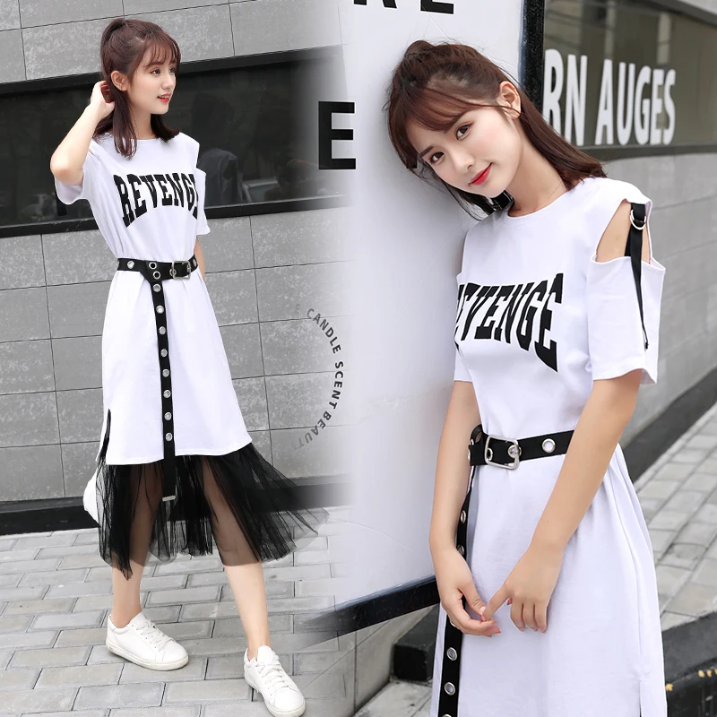 

Two-piece Dress Set with Belt Fashion Design Letter T Shirt Dress and See Through Mesh Skirt Women Streetwear Patchwork Dress