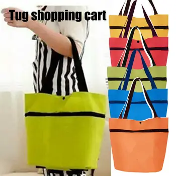 

Dual-use Shopping Folding Bag With Tug Portable Multi-function Large Capacity Tote Cart Oxford Cloth Trolley Tote Bag