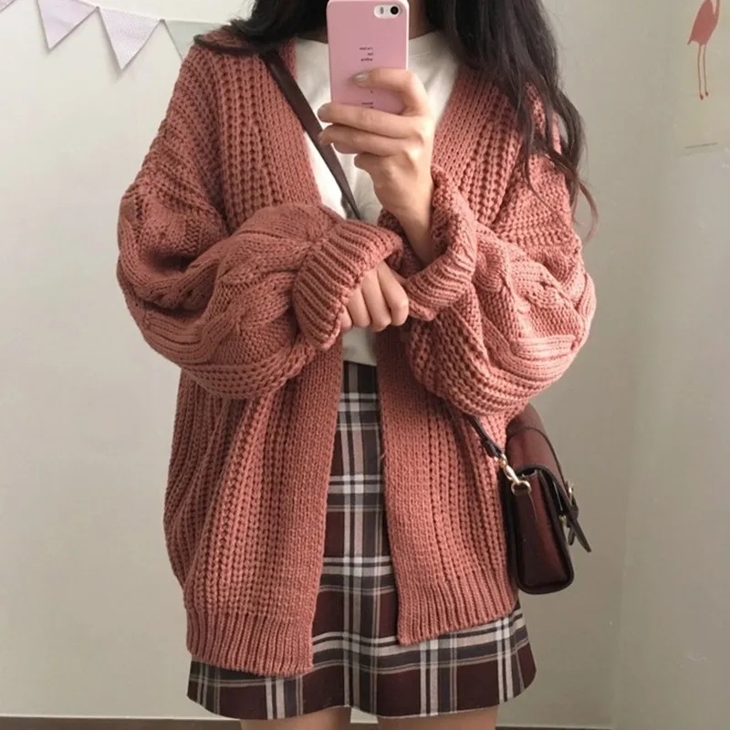 Women Autumn&Winter Casual Sweater Cardigan Solid Color Vintage Lantern Sleeve Round Neck Loose Cardigan Warm Knitted Sweater Co
