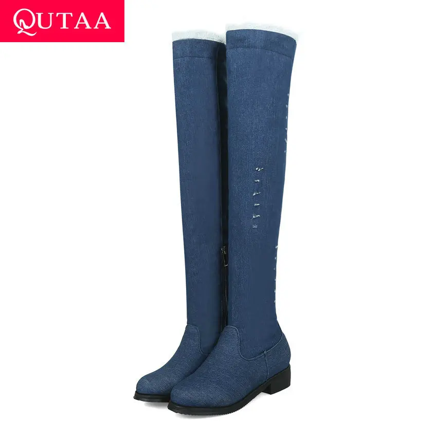 

QUTAA 2020 Denim Warm Fur Zipper Autumn Winter Women Shoes Fashion Square Heel Round Toe Over The Knee High Boots Big Size 34-43