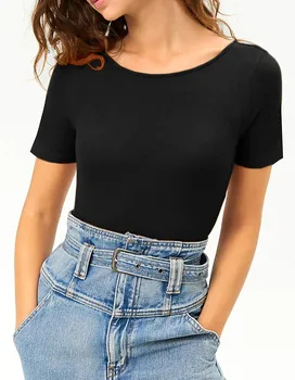 

Casual Solid Color Bodysuit Women's O-Neck Short Sleeve Elastic Bodysuits Jumpsuits For Ladies Balck Simple Playsuit Romper Body