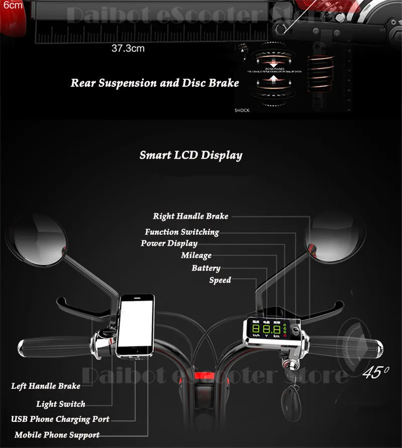 Daibot Electric Scooter Off Road Two Wheels Self Balancing Scooters 10inch 48V Portable Seat Folding Electric Bicycle Bike Adult (9)