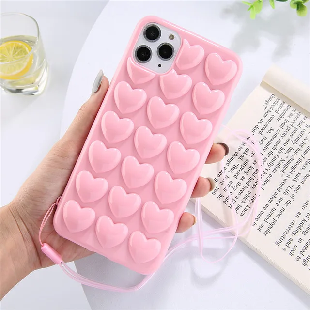 Чехол для телефона Kowkaka 3D Love Heart Candy для iphone 11 Pro Max XS Max XR XS X 6 6S 7 8 Plus с силиконовым ремешком мягкая задняя крышка - Цвет: Розовый