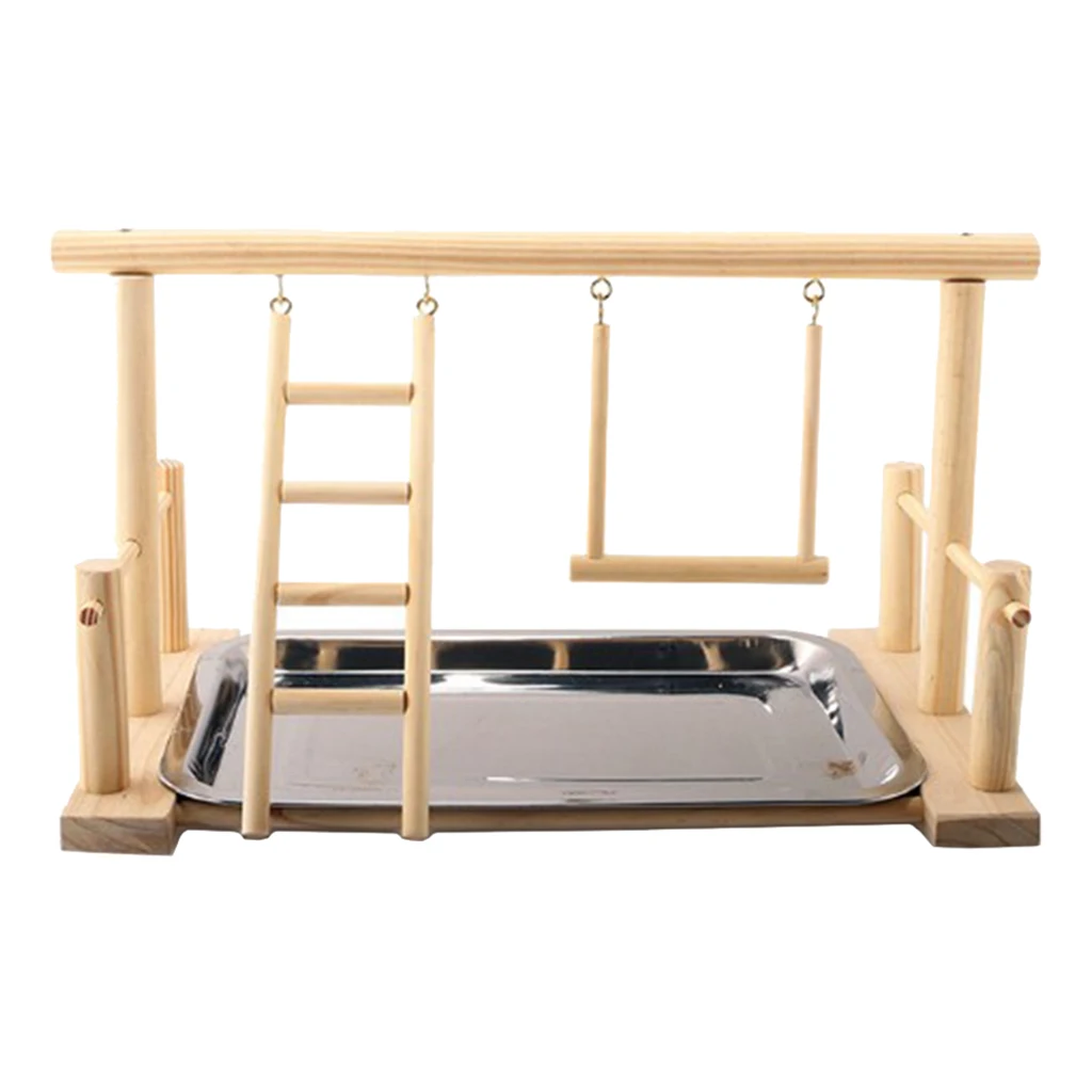 Parrots Bird Playground Wood Perch Gym Stand with Stainless Steel Tray