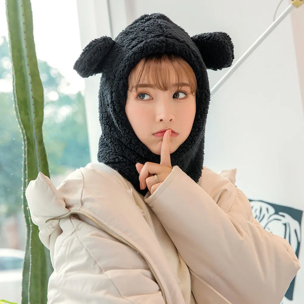 Fashion Accessories Winter Warm Earflap Hood Full-Cover Face Mask Women Cute Fleece Scarf Hat Windproof Protective Neck Hat