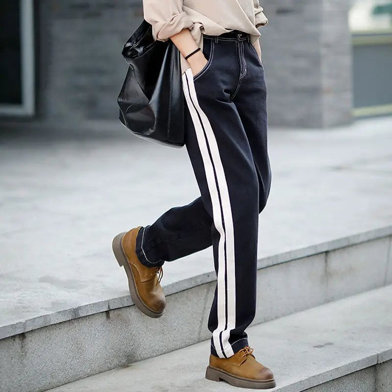 

Straight Jeans Women's Casual Loose 2020 Fall Side Stripes Wide Leg Jeans Elegant High Waisted Jeans Baggy Women Denim Jeans