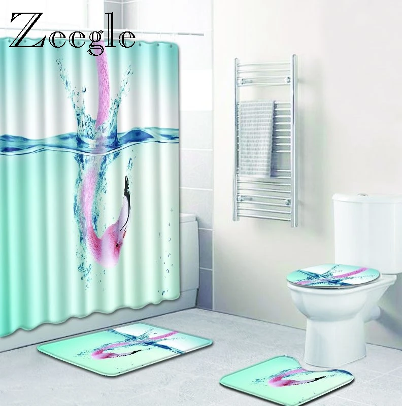 Zeegle Flame Bird 4pcs Toilet Set Flannel Decor Toilet Seat Cover Mat Polyester Anti Slip Toilet Pedestal Rug Waterproof Curtain